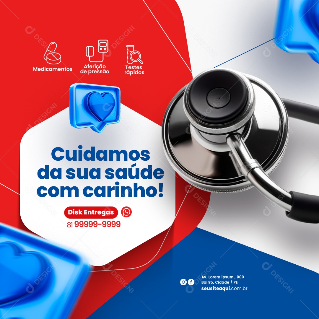 Farmácia Cuidamos da sua Saúde com Carinho Disk Entregas Social Media PSD Editável