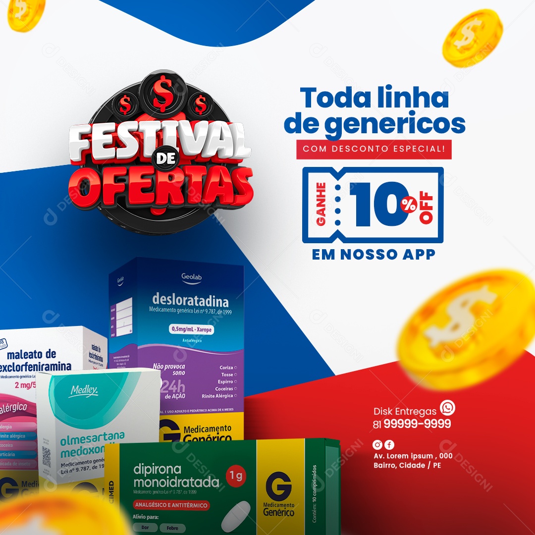 Farmácia Festival De Ofertas Toda Linha Genéricos com Descontos Especial 10% Off Social Media PSD Editável
