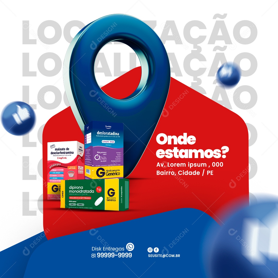 Farmácia Onde Estamos Localização Remédios Dipirona Desloratadina Antialérgico Social Media PSD Editável