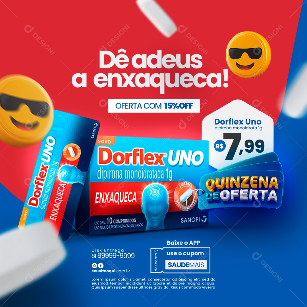 Farmácia Dê Adeus a Enxaqueca Oferta com 15% Off Dorflex Social Media PSD Editável