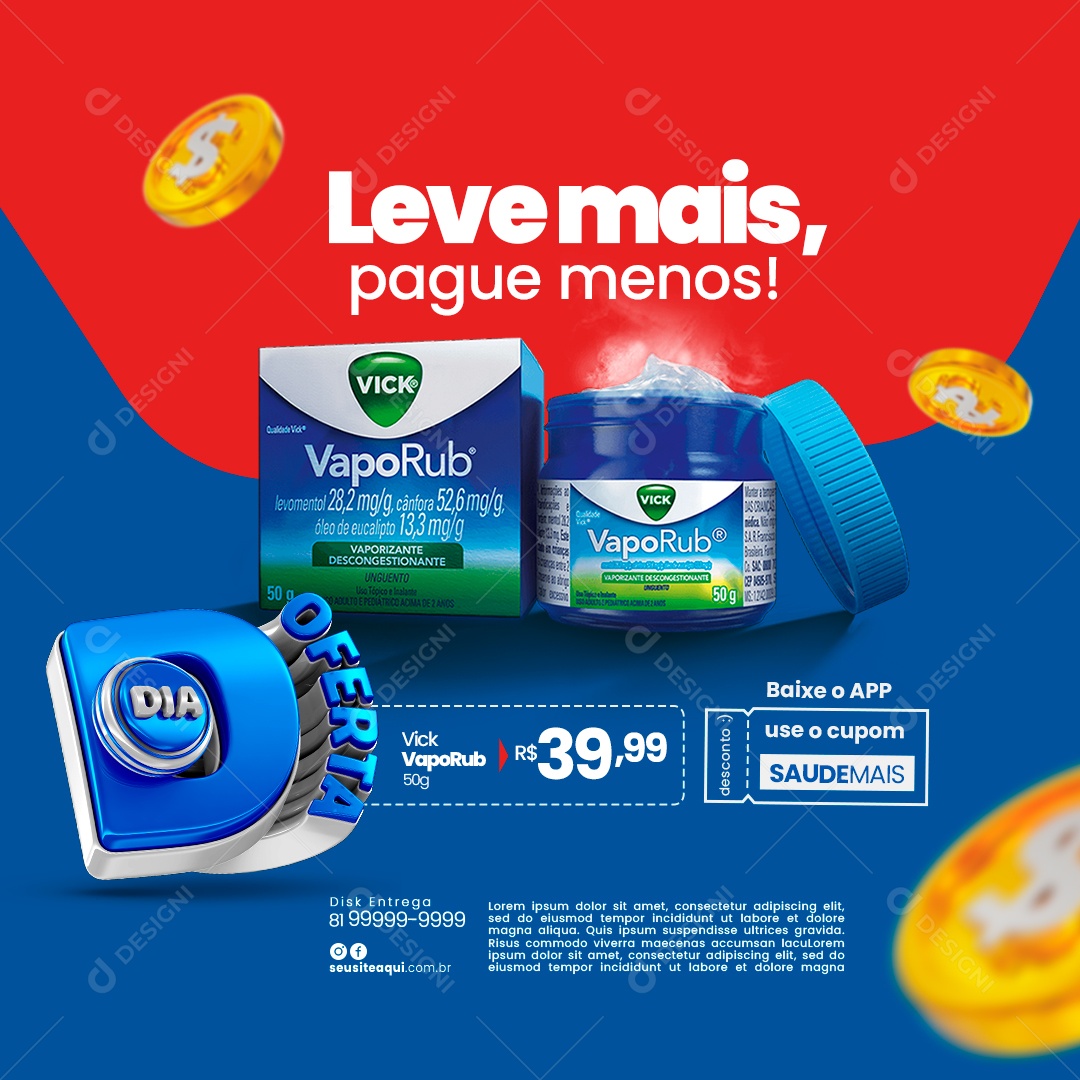 Farmácia Leve Mais Pague Menos Dia De Oferta Vick Vapor Rub Social Media PSD Editável