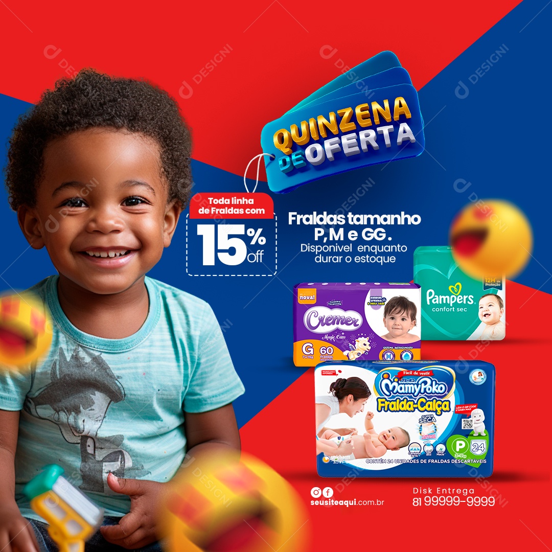 Farmácia Quinzena de Oferta Toda Linha de Fraldas com 15% Off Fraldas Tamanho P M e GG Social Media PSD Editável