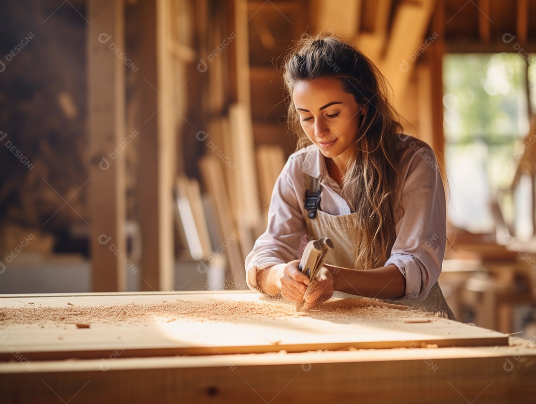 Jovem carpinteira trabalhando como designer de madeira em uma oficina de marcenaria, conceito de igualdade de gênero
