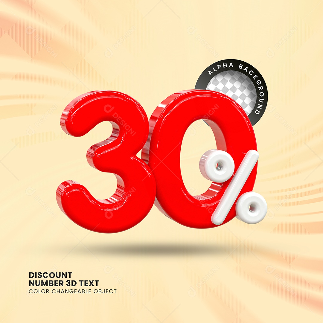 Elemento 3D Número 30% Desconto Vermelho Branco para Composição PSD