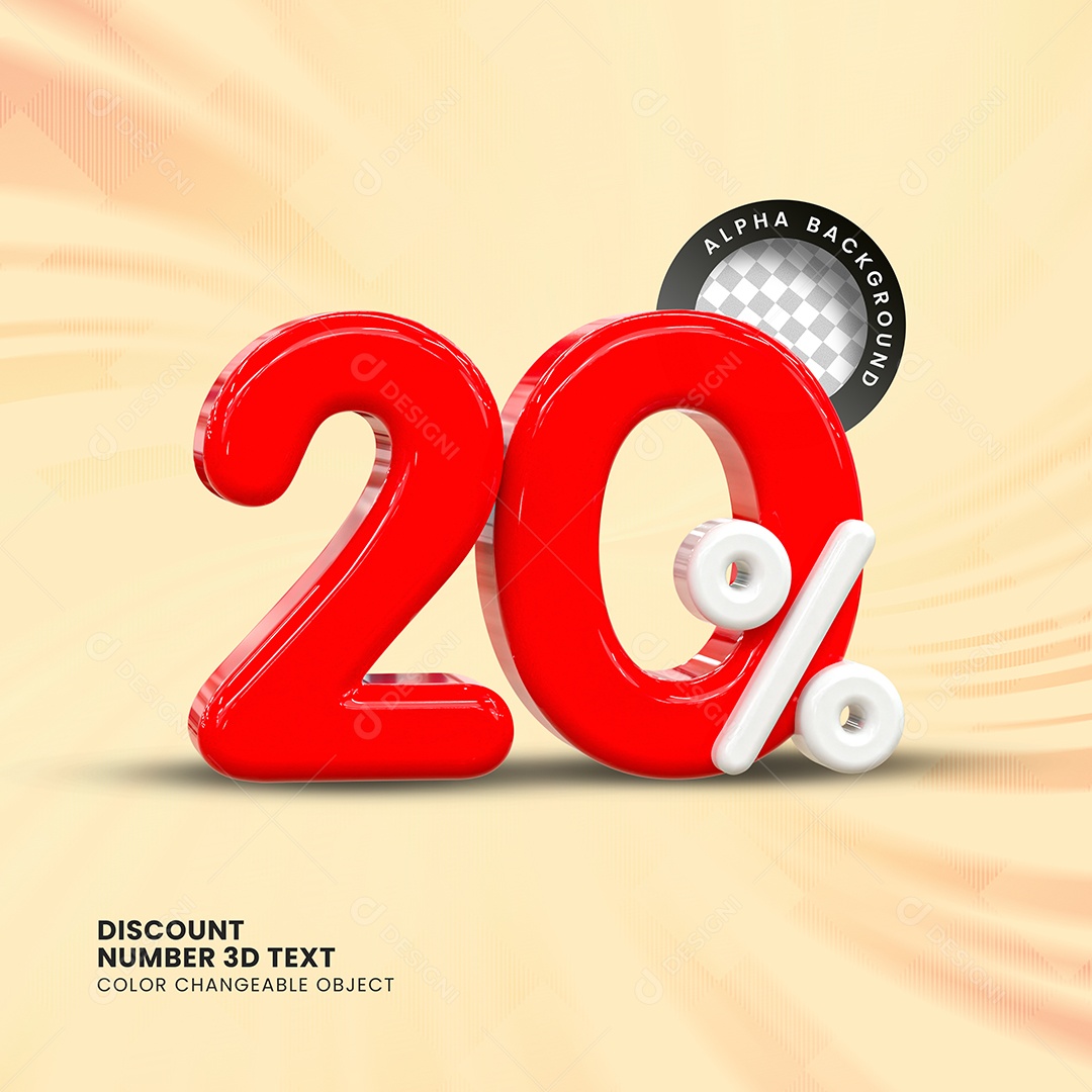 Número 20% Desconto Elemento 3D Vermelho Branco para Composição PSD