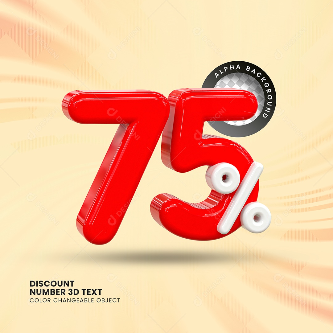 Número 75% Desconto Elemento 3D Vermelho Branco para Composição PSD