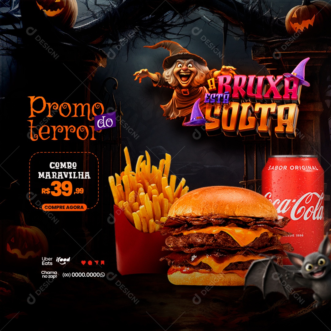 Halloween Hamburgueria A Bruxa Está Solta Promo Do Terror Batata Frita Hambúrguer e Refrigerante Social Media PSD Editável