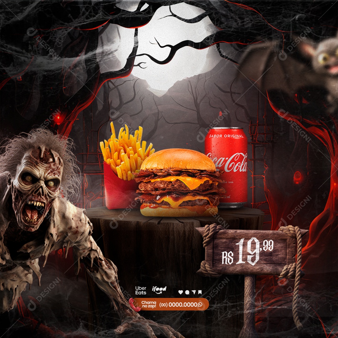 Halloween Hamburgueria Batata Frita Hambúrguer e Refrigerante Social Media PSD Editável