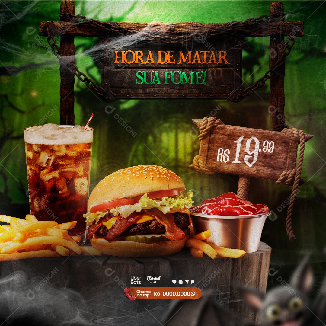 Halloween Hamburgueria Refrigerante Batata Frita Hambúrguer e Molho Hora de Matar sua Fome Social Media PSD Editável