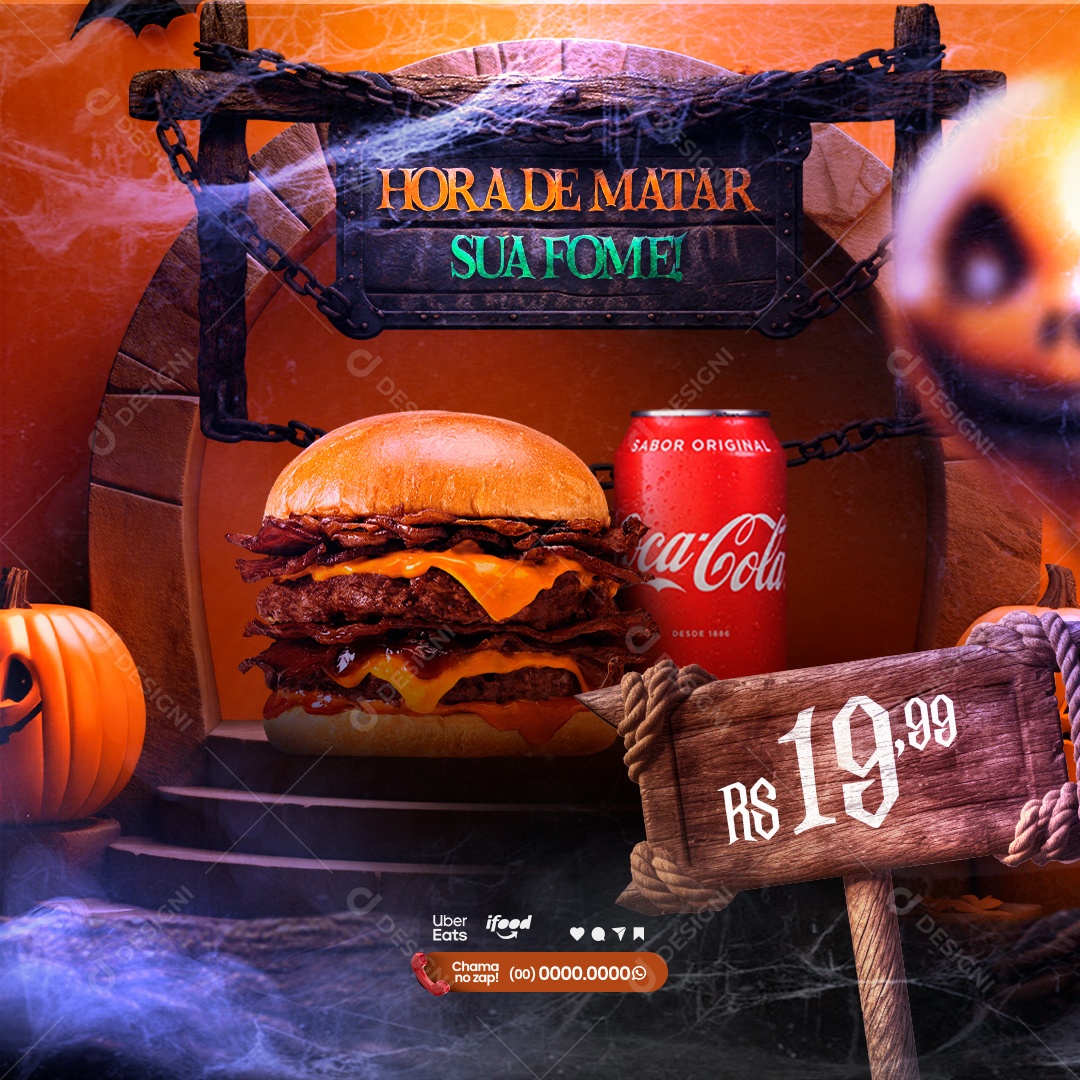 Halloween Hamburgueria Hora de Matar Sua Fome Hambúrguer Refrigerante Social Media PSD Editável