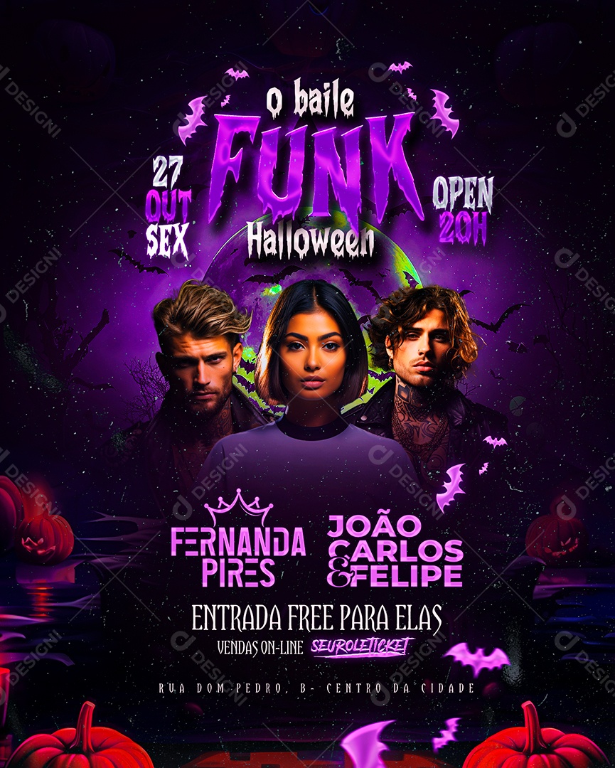 Flyer O Baile Funk Halloween Fernanda Pires João Carlos & Felipe Social Media PSD Editável