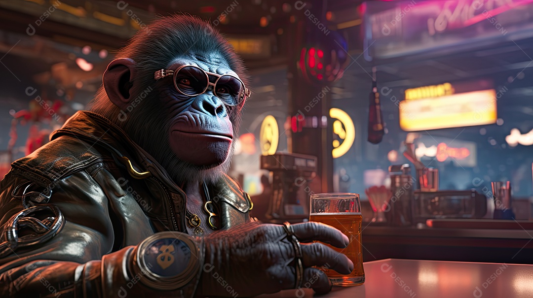 Personagem macaco cyberpunk em um bar