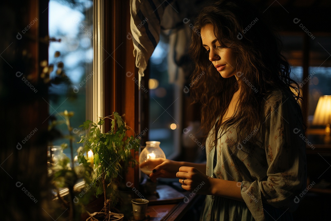 Mulher olhando pela janela de sua casa