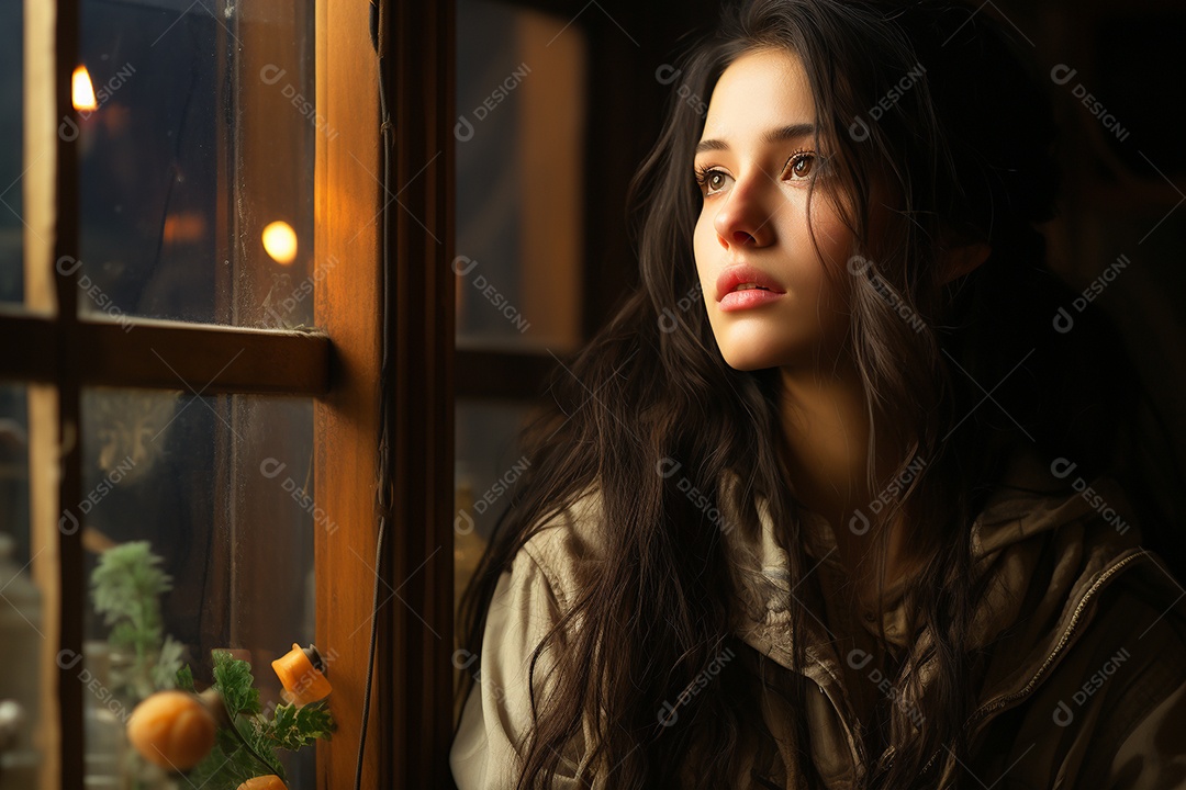 Mulher olhando pela janela de sua casa