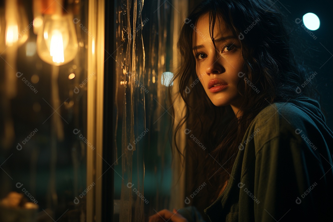 Mulher olhando pela janela de sua casa