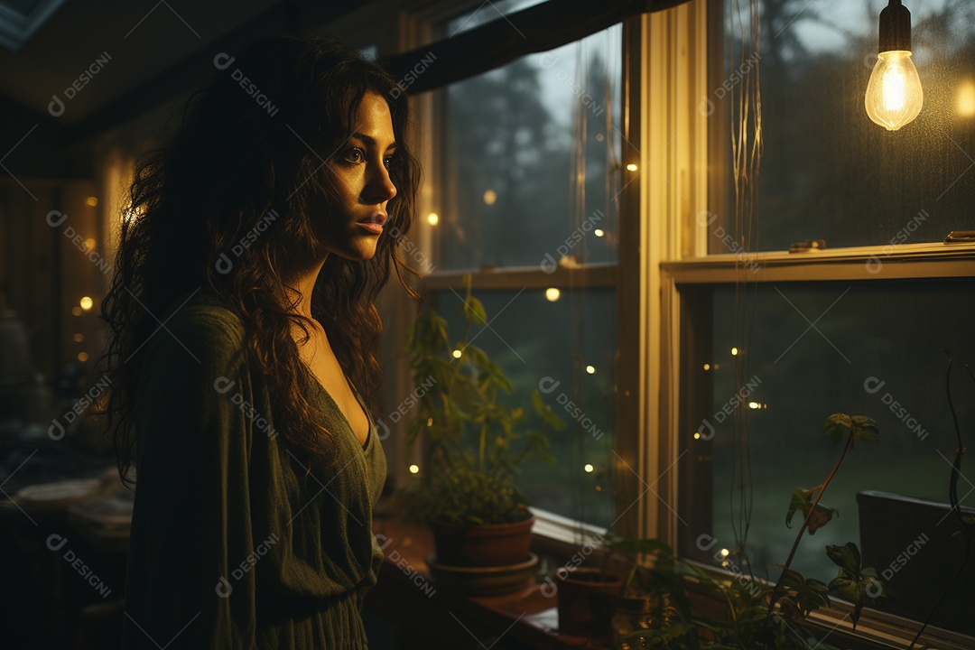 Mulher olhando pela janela de sua casa