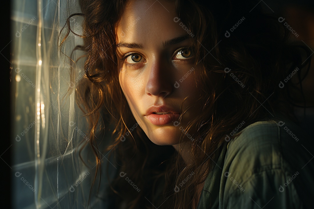 Mulher olhando pela janela de sua casa