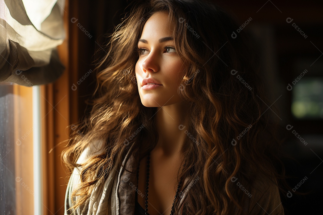 Mulher olhando pela janela de sua casa