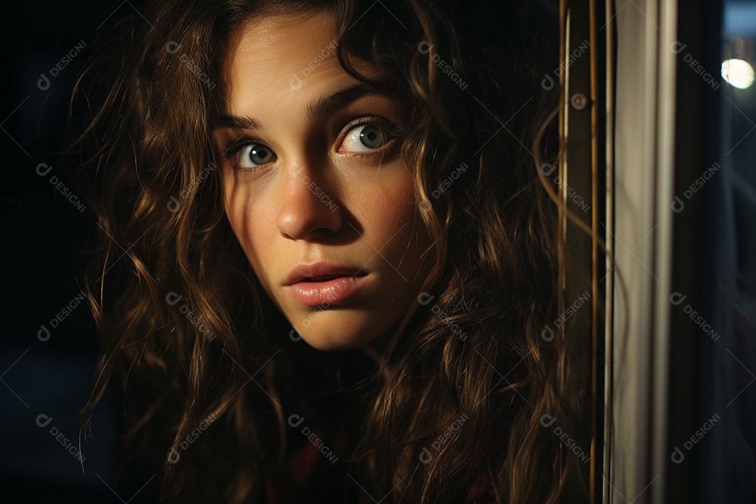 Mulher olhando pela janela de sua casa