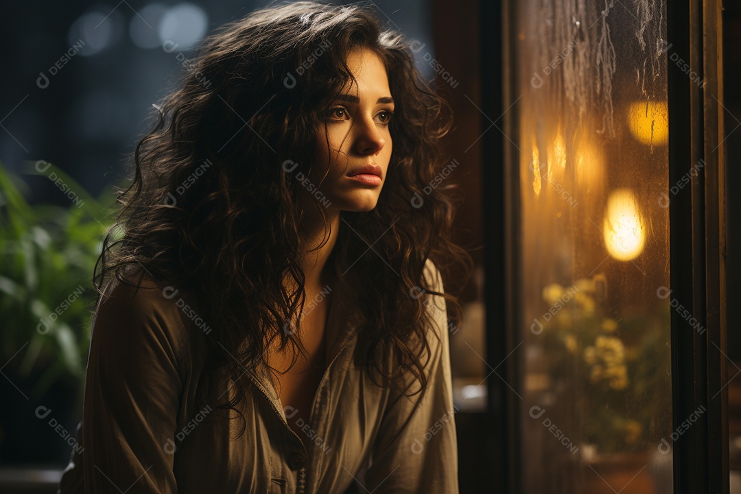 Mulher olhando pela janela de sua casa