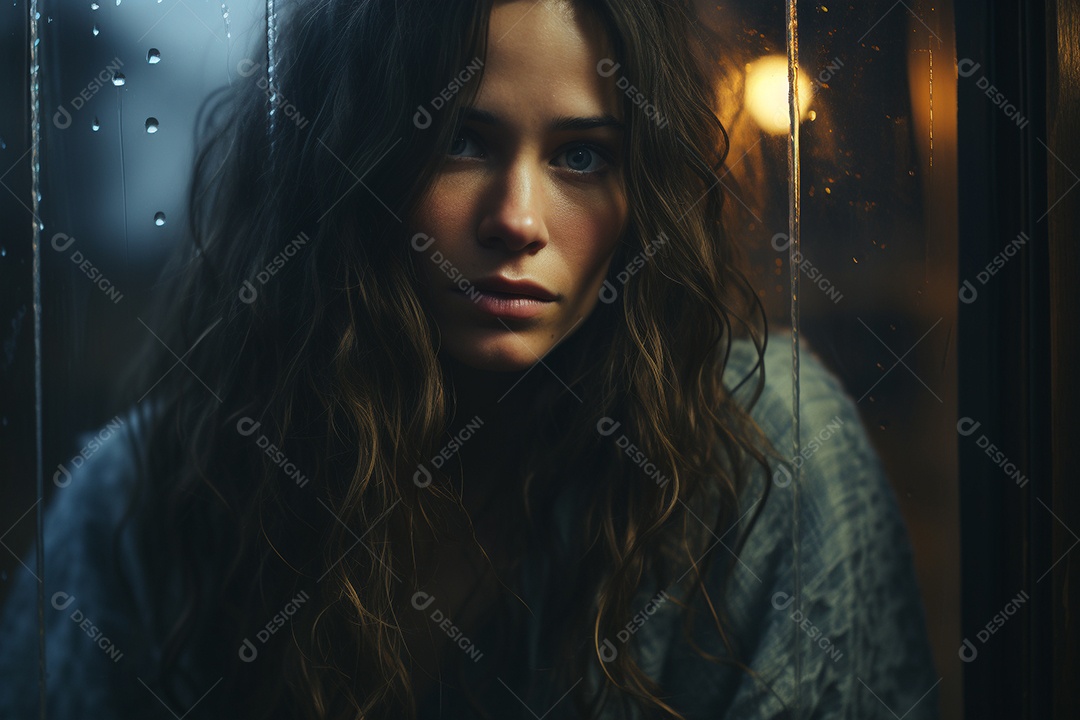 Mulher olhando pela janela de sua casa