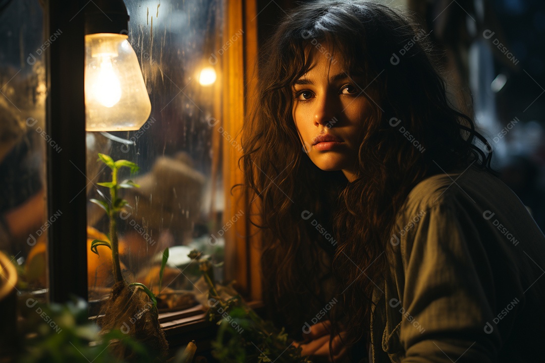 Mulher olhando pela janela de sua casa