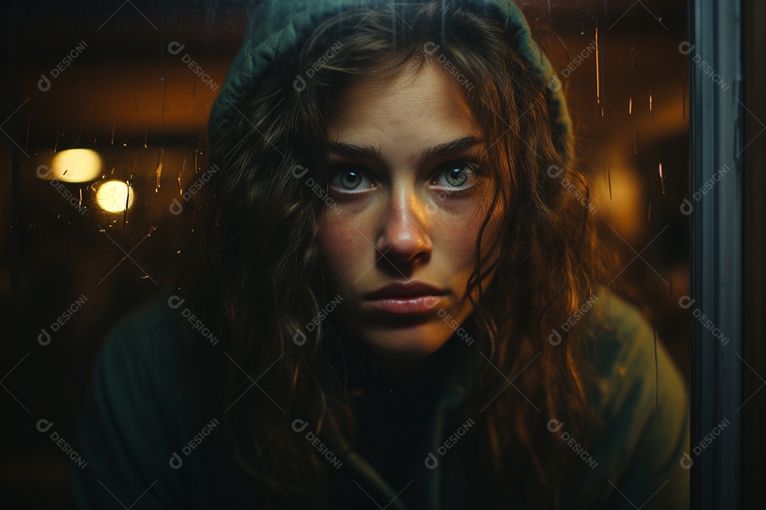 Mulher olhando pela janela de sua casa