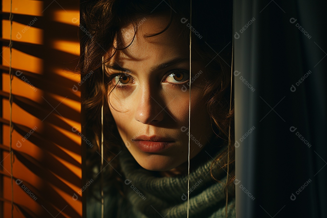 Mulher olhando pela janela de sua casa