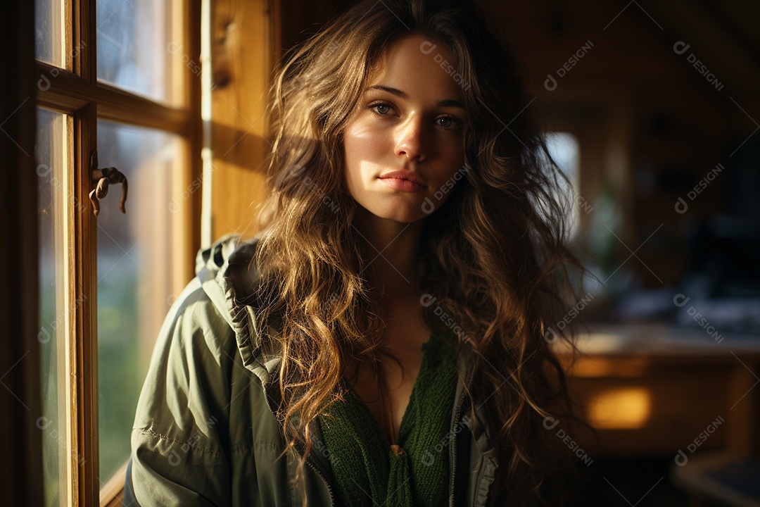 Mulher olhando pela janela de sua casa