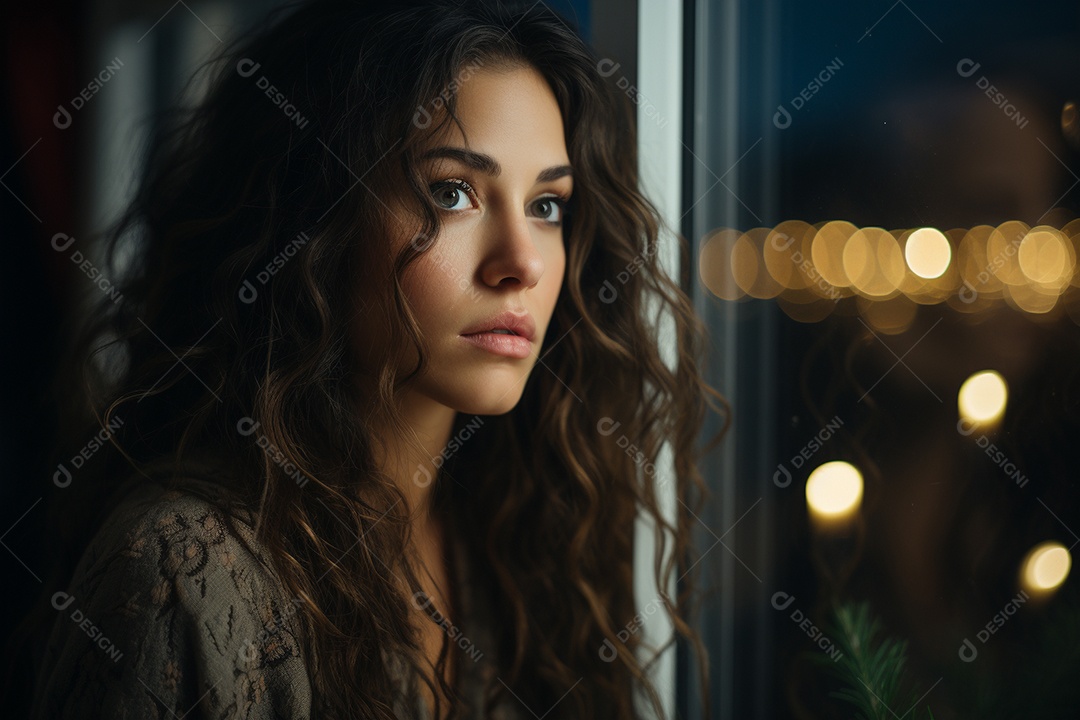 Mulher olhando pela janela de sua casa