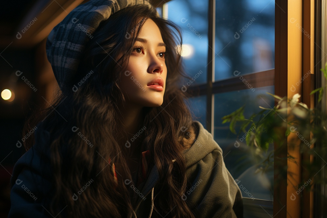 Mulher olhando pela janela de sua casa