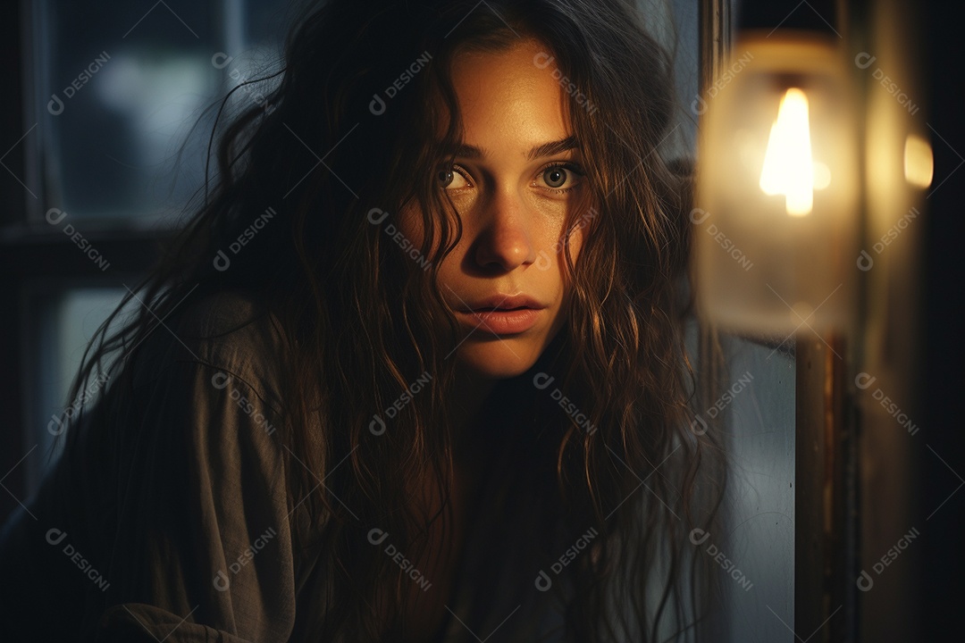 Mulher olhando pela janela de sua casa