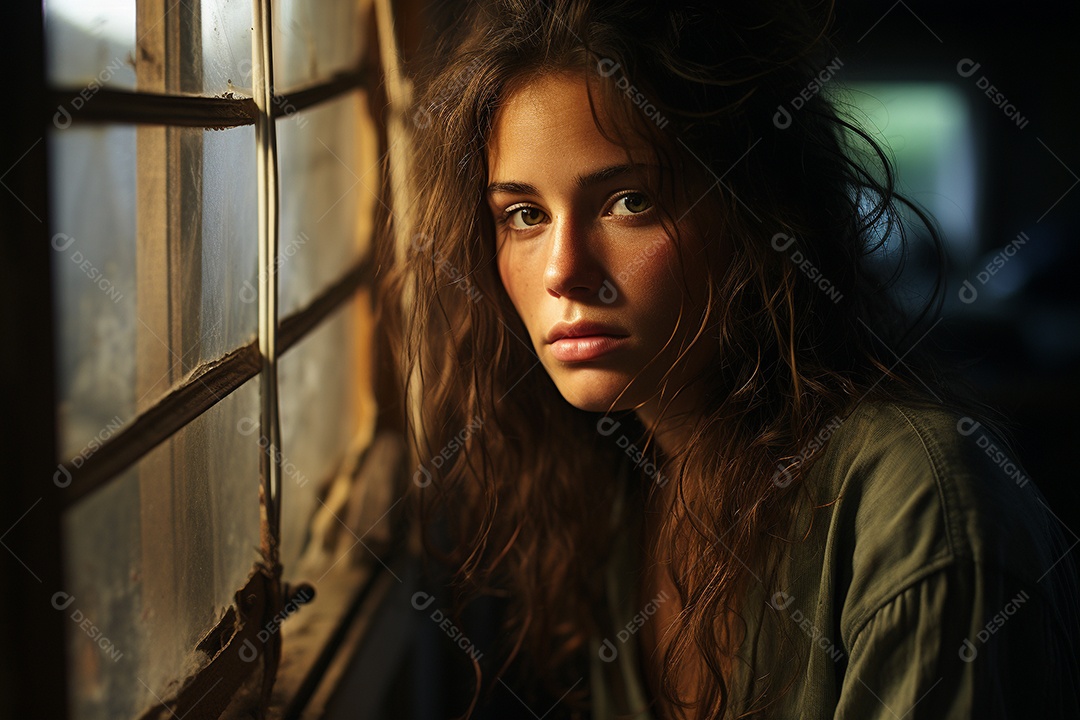 Mulher olhando pela janela de sua casa