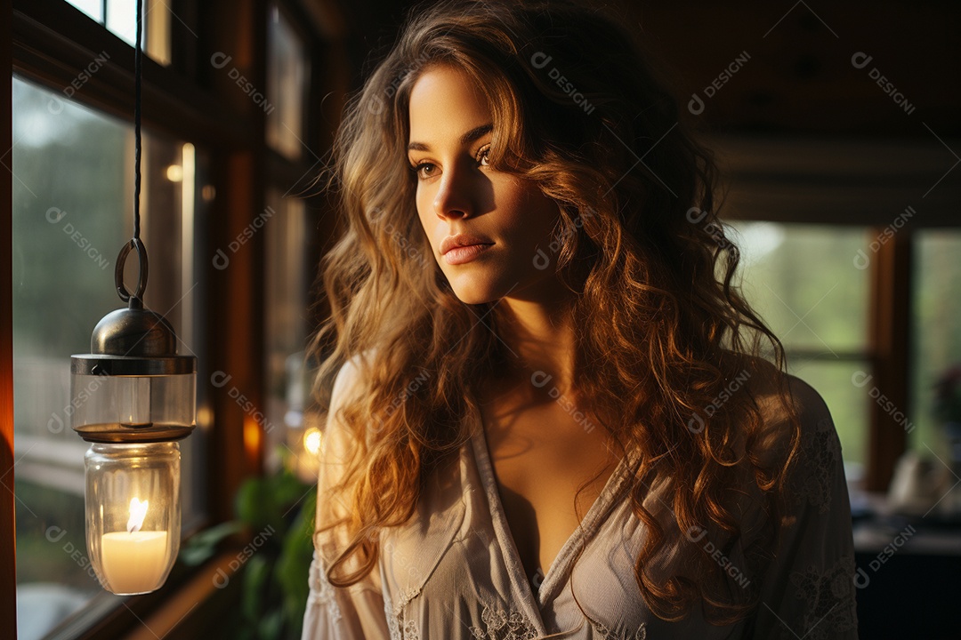 Mulher olhando pela janela de sua casa