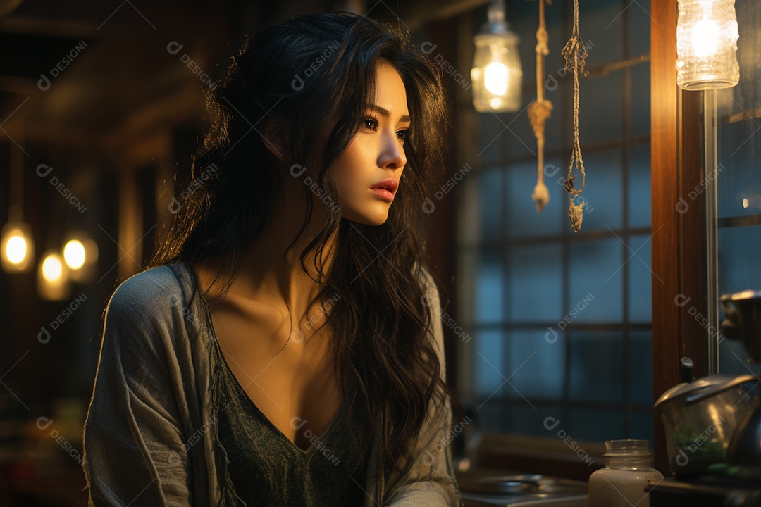 Mulher olhando pela janela de sua casa