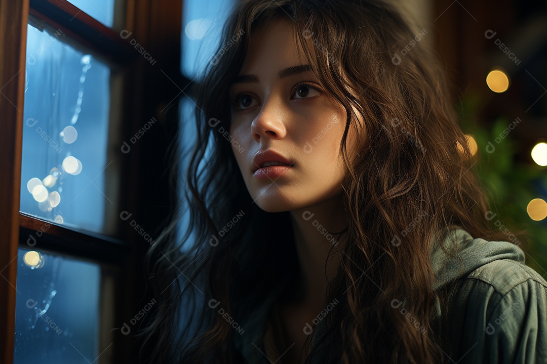 Mulher olhando pela janela de sua casa