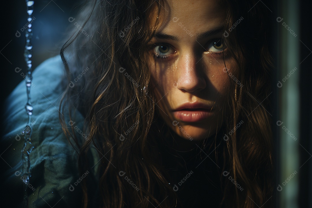 Mulher olhando pela janela de sua casa