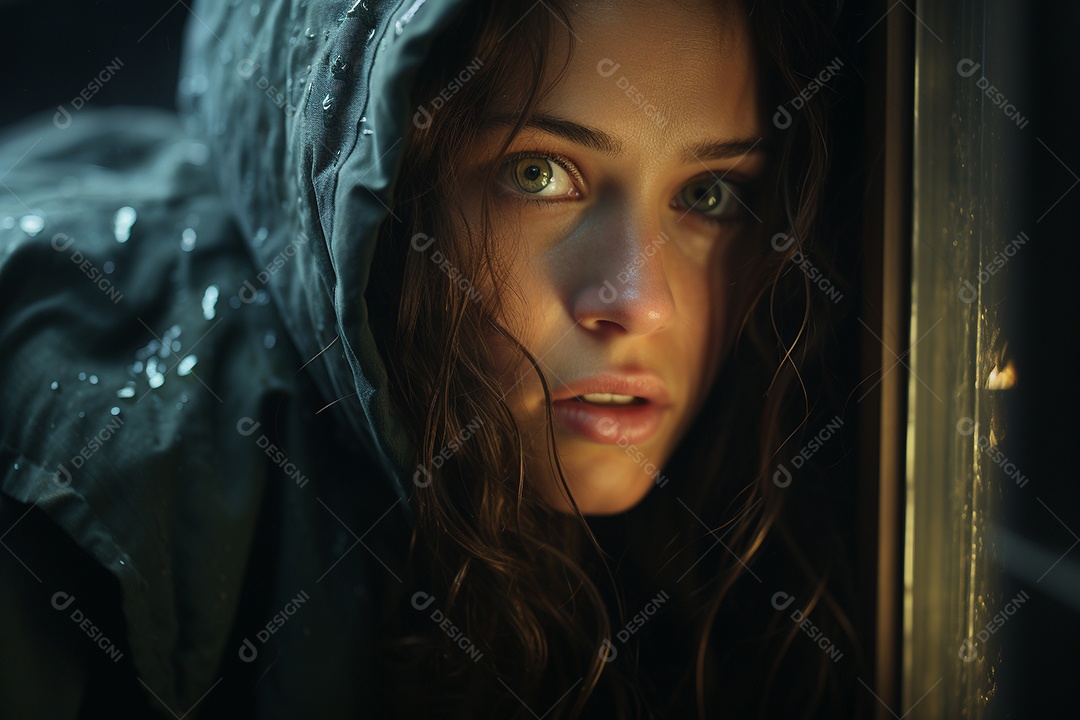 Mulher olhando pela janela de sua casa