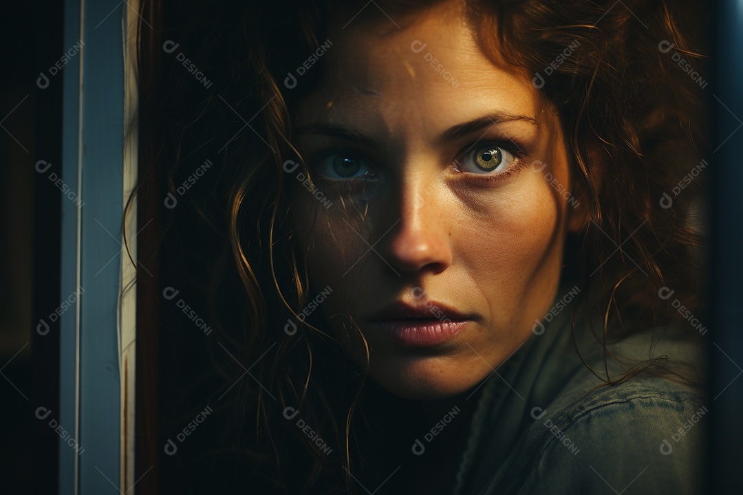 Mulher olhando pela janela de sua casa