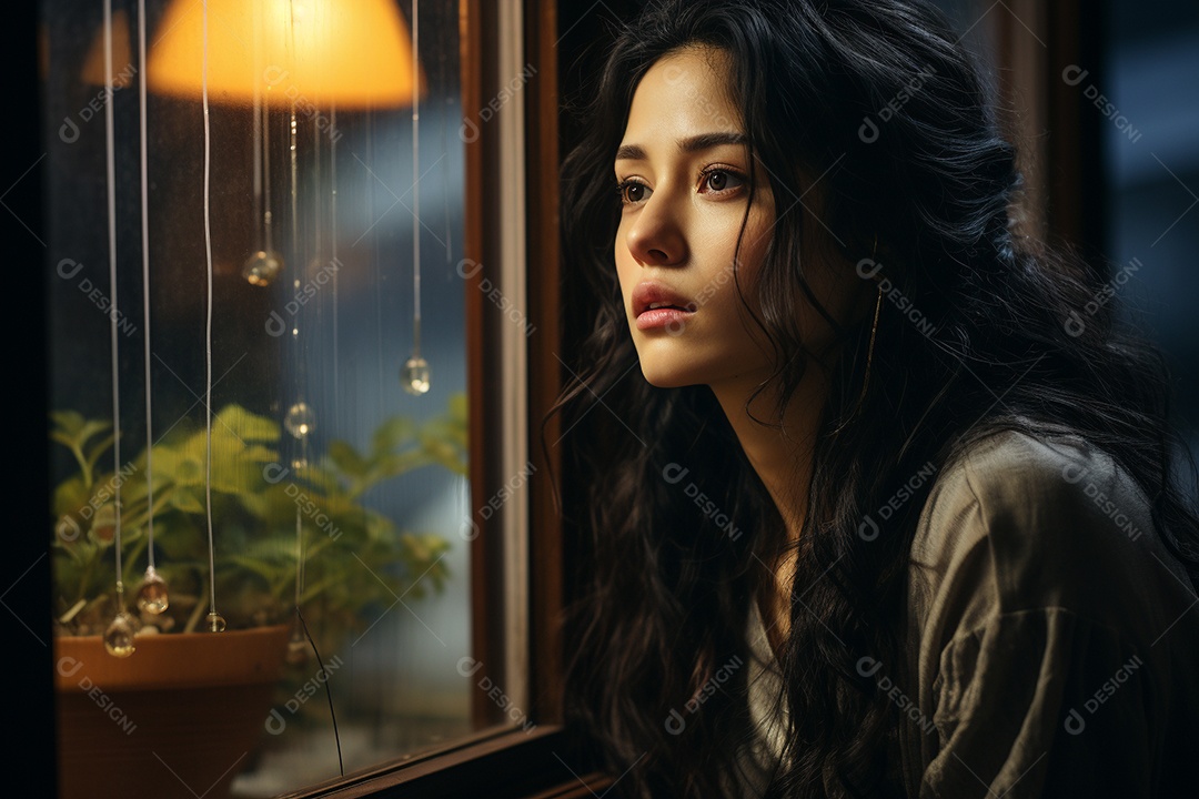 Mulher olhando pela janela de sua casa