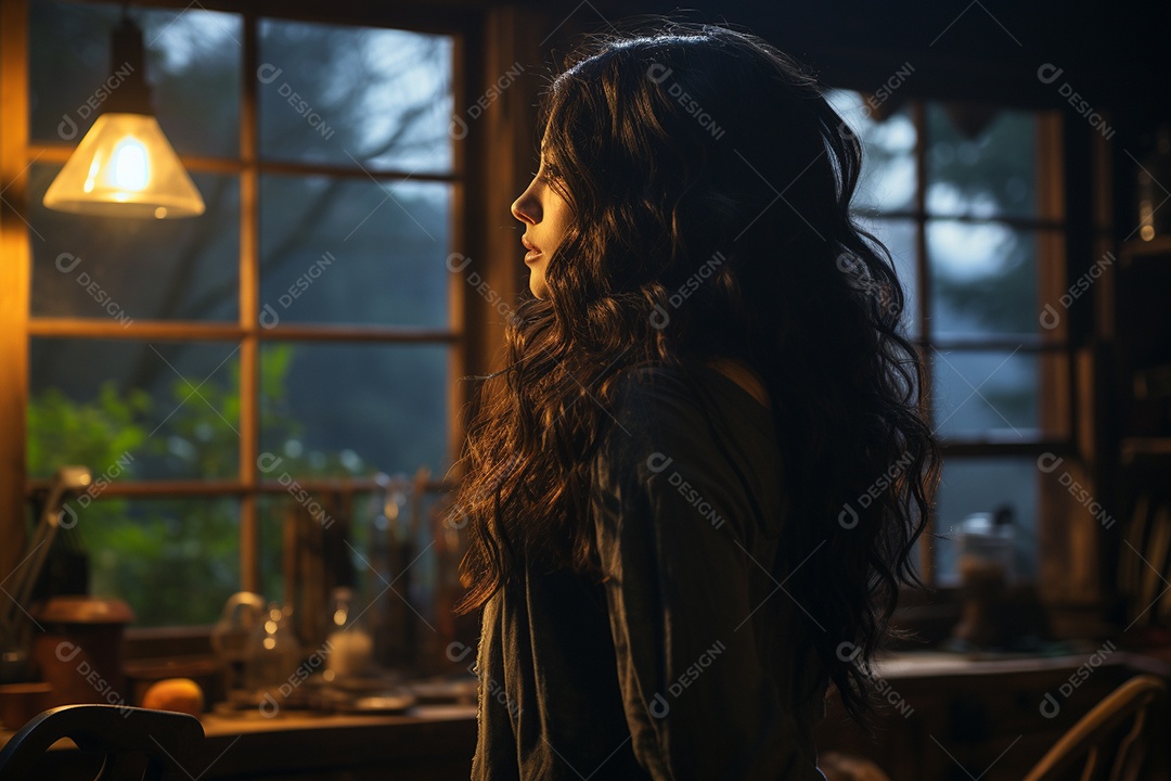 Mulher olhando pela janela de sua casa