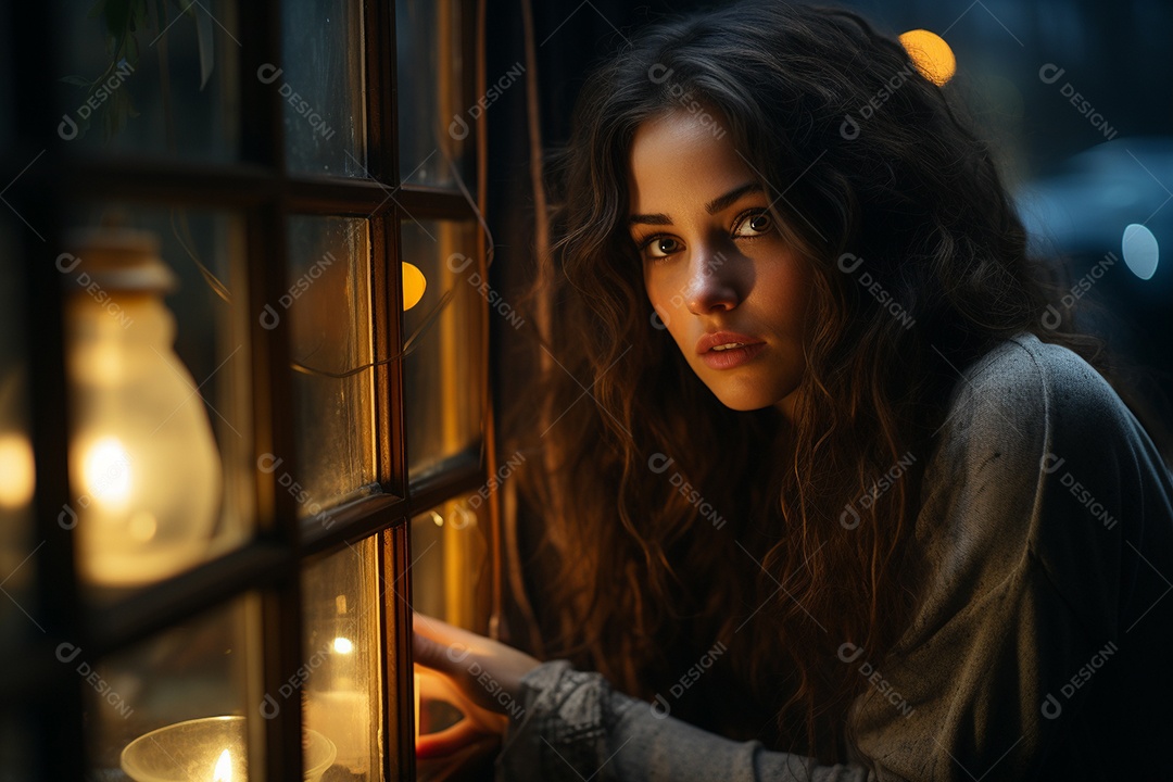 Mulher olhando pela janela de sua casa