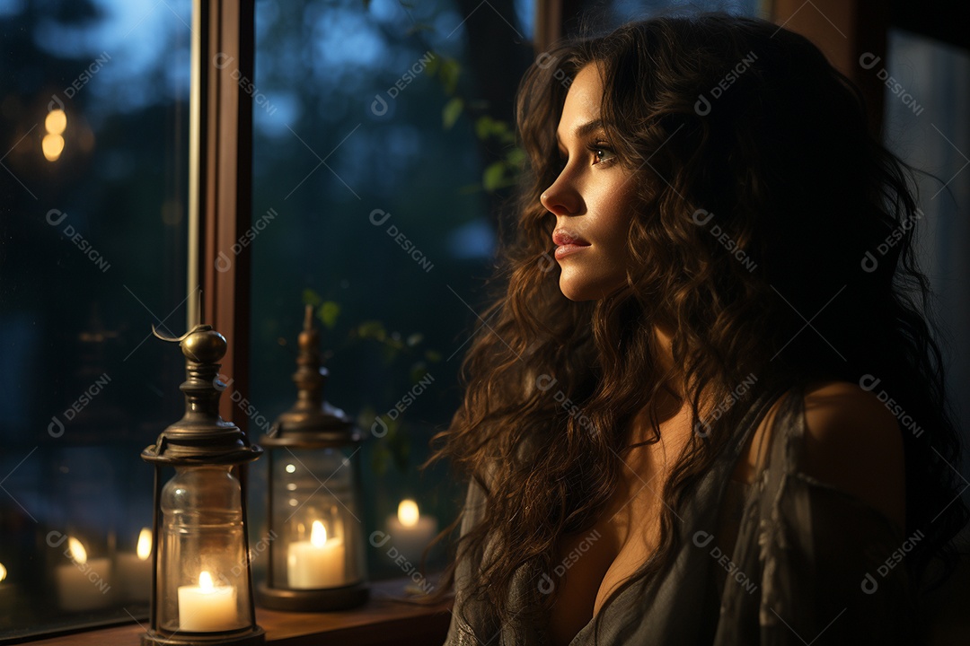 Mulher olhando pela janela de sua casa