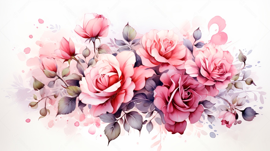 Buquê de rosas em aquarela estilo Dia dos Namorados.