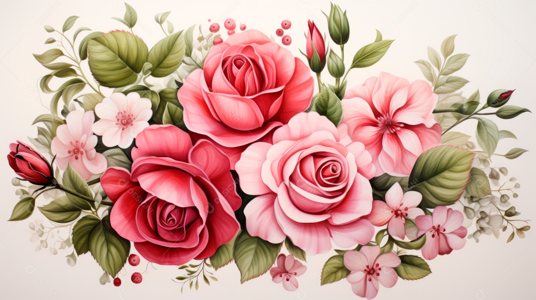 Buquê de rosas em aquarela estilo Dia dos Namorados.