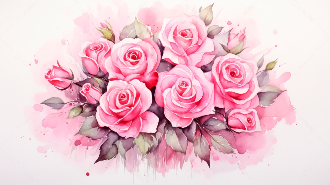Buquê de rosas em aquarela estilo Dia dos Namorados.