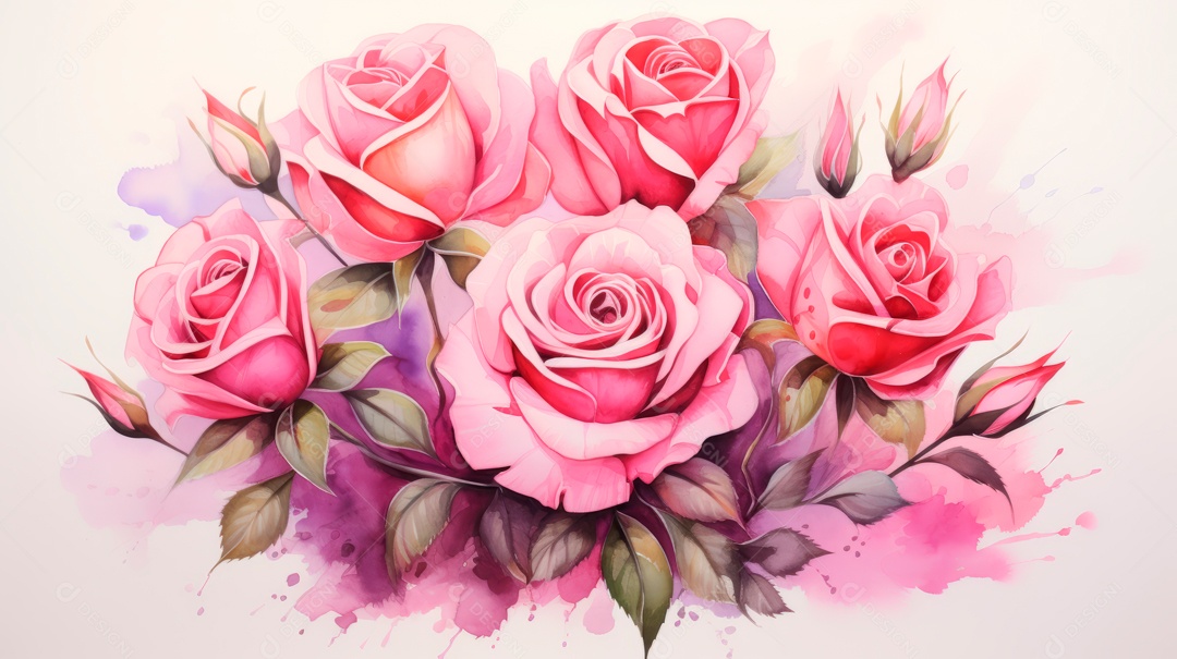 Buquê de rosas em aquarela estilo Dia dos Namorados.
