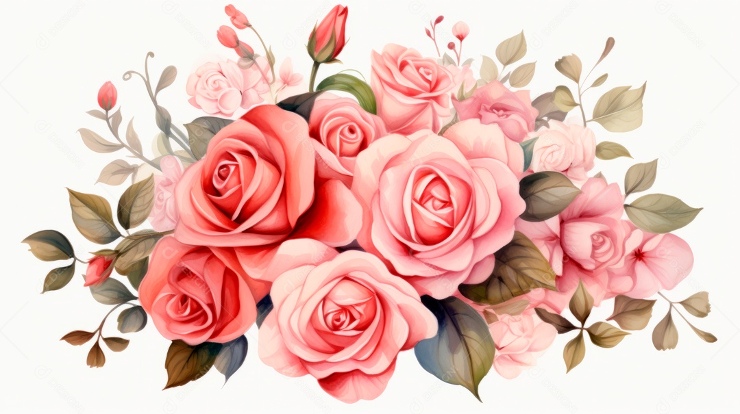 Buquê de rosas em aquarela estilo Dia dos Namorados, 14 de fevereiro.
