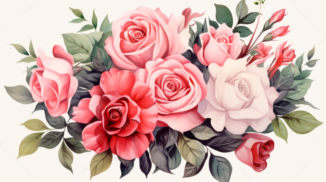 Buquê de rosas em aquarela estilo Dia dos Namorados.