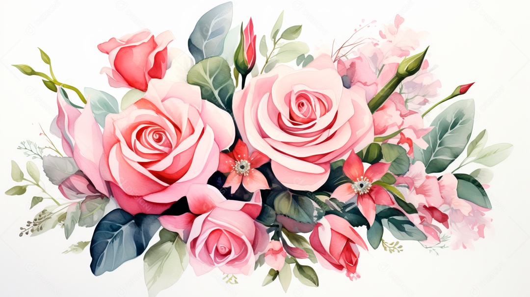 Buquê de rosas em aquarela estilo Dia dos Namorados.
